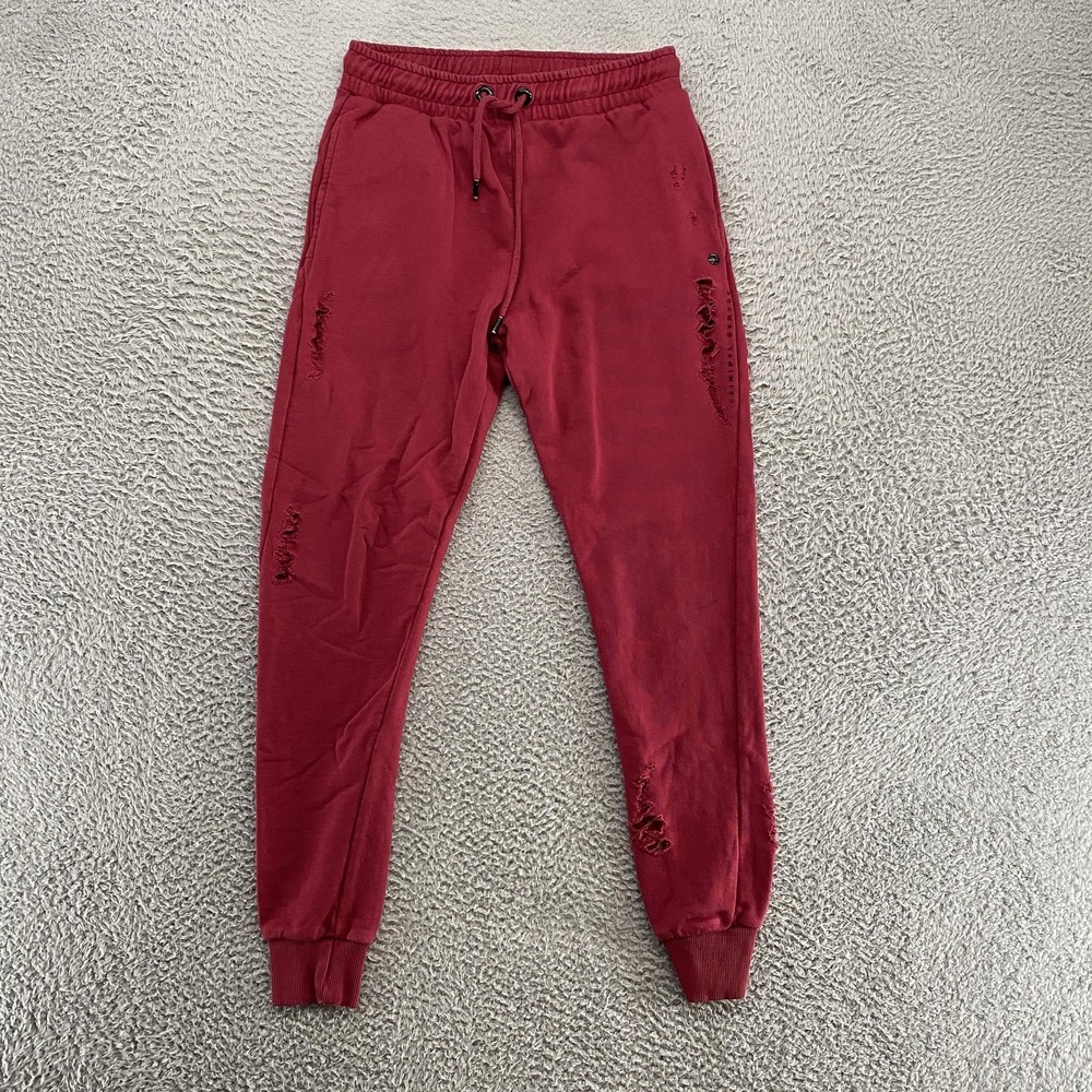 Criminal Damage Joggers Mens Medium Red Distressed Cotton Sweatpants‎ Lounge
